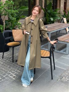 Korean Style Military Green Coat Womens Casual Mid-Length Single Button Loose Fit Windbreaker Autumn New Arrival