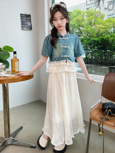 Girls Summer Dress Set Short Sleeve Denim Jacket Midi Skirt Childrens Fashion Outfit Korean Style Pure Color Princess Skirt