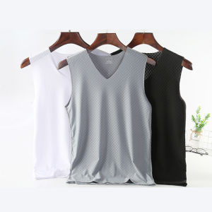 Large Size Without Trace Ice Silk Vest Men Mesh Square with the Cut V-Neck Breathable Elastic Thin Section Sleeveless 5xl White