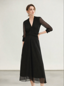COCO BELLA | Hepburn Style Waist-cinching Black and Gold V-neck Shirt Dress