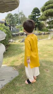 Set áo dài tết kèm quần bé trai lụa gân màu đỏ màu vàng phối gấm rồng BERNIE bé từ 9 đến 24kg 22b490