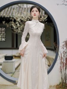 Elegant New Chinese Style Young Girls Autumn Flag Robe Dress Slimming Improved Version High Waist Nylon Fabric Long Sleeve