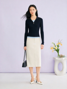 Spring New Fake Two-Piece Color-Block Zip-Front Wool Silky Sweater