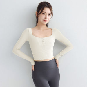 Professional Fitness Yoga Top Women Long Sleeve Square Collar Running Slim Fit Sports Bra Pad Breathable Quick Dry Gymwear