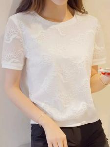 2024 Summer New Womens White Short Sleeve T-shirt Floral Lace Details Casual Crewneck Tops Versatile Fashionable Work Clothing