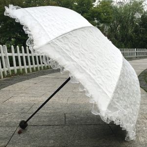 Pure White Lace Edged Sun Umbrella Three Folded UV Protection Waterproof Womens Umbrella Zero Light Transmission Rain And Sun Umbrella