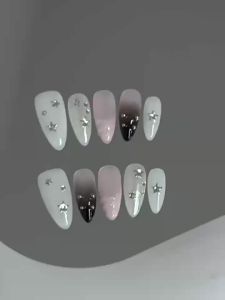 10Pcs Y2K Girls Fake Nails Black White Almond Resin Nail Handmade Press on Nails Wearable Full Cover Almond False Nail Tips