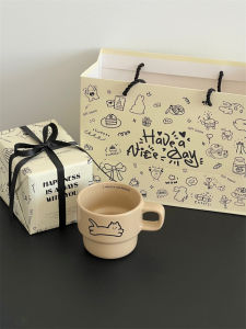 แก้วกาแฟเซรามิกลายแมวสุดน่ารัก บรรจุภัณฑ์มือทำ เครื่องดื่มฤดูหนาว ของขวัญวันคริสต์มาส กล่องของขวัญ แก้วดื่มน้ำแบบมีหูเดียว