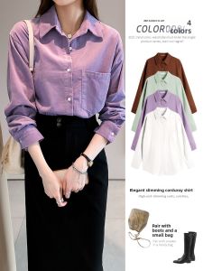 AMILUCK | เสื้อเชิ้ตคอโปโลผู้หญิงผ้าคอร์ดูรอยหนา ทรงหลวม ปกโปโล แขนยาว สีพื้น ฤดูใบไม้ร่วง 2021 ผ้าฝ้ายผสมโพลีเอสเตอร์