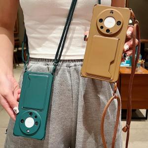 Huawei Mate60 Pro+ Elegant Black Minimalist Silicone Phone Case with Card Holder Crossbody Strap Lens Full Cover Drop Protection