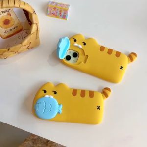 3D Folding Stand Cartoon Cat Silicone Phone Case for iPhone 13 14 15 16 Pro Max casing Soft silicone protective cover for iPhone16Promax case