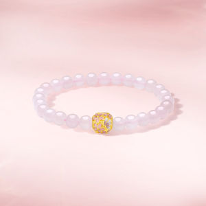 ZHOU LIU FU 周六福 24K Solid Gold Flower Charm Bracelet Rose Quartz Beaded Bracelets Natural Gemstone Stretch Bracelet for Women Mom Daughter 17cm A1914848
