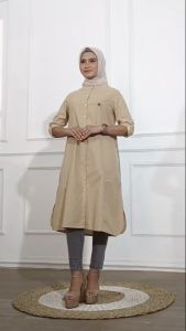 Tunik wanita full kancing atasan blouse Muslim lengan panjang warna hijau army [busui]