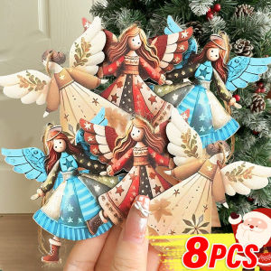 8Pcs Wooden Angel Pendant Christmas Decorations Cartoon Angel Xmas Tree Hanging Decor Holiday Party Supplies