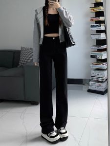 กางเกงยีนส์ทรงตรงสีดำเอวสูง กางเกงขายาวทรงหลวมสำหรับผู้หญิง ฤดูใบไม้ผลิและฤดูใบไม้ร่วง กางเกงขายาวทรงสลิมฟิตสำหรับผู้หญิง
