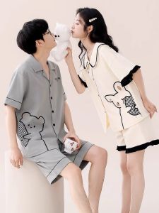 ชุดนอนผ้าฝ้ายแท้คู่รัก แขนสั้น ฤดูร้อน ไซส์ใหญ่ ชุดนอนผู้หญิง 2025 ใหม่ ฤดูร้อน ชุดนอนผ้าฝ้ายแท้ ลายหมี ชุดนอนผู้ชาย