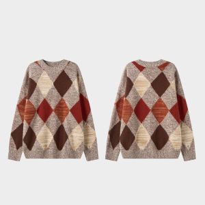 SUSHE | Autumn Winter Loose Argyle Crew Neck Pure Wool Sweater Red