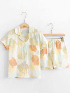 ฤดูร้อน ผ้าฝ้าย สนามหญ้า ผู้หญิง ชุดนอน แขนสั้นบางสั้น กางเกง ชุดสองชิ้นสวมใส่ในบ้านสบาย ระบายอากาศได้ดี ชุดราตรี