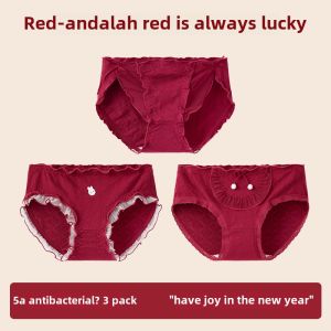 Red Antimicrobial Cotton Triangle Panties Womens Underwear Pure Cotton Youth Marriage Style mid Waist Briefs Home Comfortable