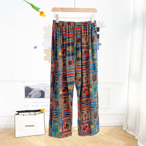 กางเกงขายาวผ้าฝ้ายเทียมสำหรับผู้หญิงในช่วงฤดูร้อน กางเกงขายาวทรงหลวมสบาย ๆ สำหรับคุณแม่ ไซส์ใหญ่ ผ้าไหมบาง