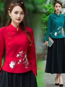 Autumn Winter Hanfu Revamped Long Sleeve Cheongsam Top Chinese Style Tang Costume Retro Embroidered Tea Clothing Two Piece Set Trendy