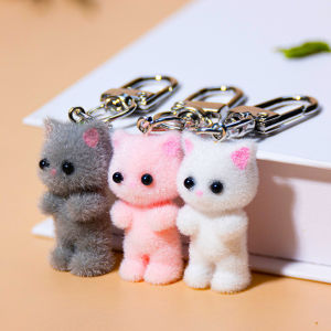 Cute Flocking Cat Keychain 3D Love Phone Pendant Headphone Charm Bag Decor Car Key Ring Jewelry Gift
