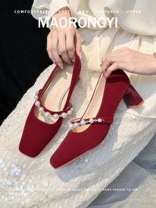 รองเท้าส้นสูง Mary Janes ทรงสี่เหลี่ยมสไตล์ฝรั่งเศส สำหรับเจ้าสาว รองเท้าแต่งงานสีแดง รองเท้าแฟชั่นสำหรับผู้หญิง รองเท้าสวมแบบสวมหัวกลม