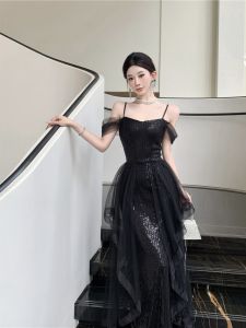 Elegant Black One-Shoulder Sequin Evening Dress Floor-Length Slit Gown for Conference Hosting Birthday Performances Fish Tail