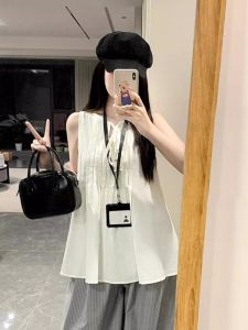 French Design White Pleated Sleeveless Shirt Women Summer Outerwear Lin Doll Vest Top Thin Style V-neck Regular Length