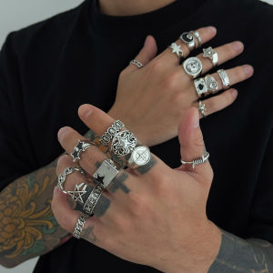Salircon 20 Pcs/set Gothic Pentagram Ring Men Vintage Punk Geometry Silver Color Finger Ring Jewelry Halloween Accessories Gifts