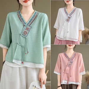 Lieoyuarn | Ethnic Style Embroidered Loose V-neck Shirt