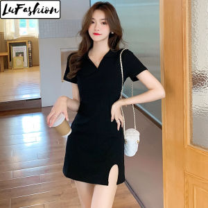 LuFashion Dress for Women French Summer Slim Fit V-Neck Short Sleeve Dress