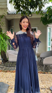 MG041-0922 : เดรสสีกรม Navy Blue chiffon pleated dress