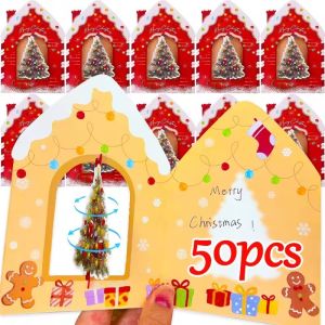 50Pcs Xmas Party Greeting Cards Three-dimensional Rotating House Shaped Postcard Friend Family Blessing Cards Gifts Decor