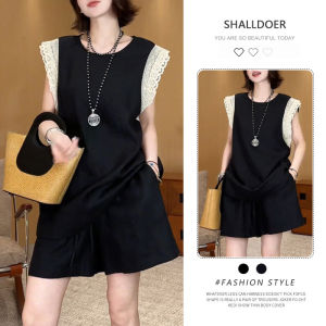 Shalldoer | Casual Lace Trimmed Sleeveless Top And Shorts Set Womens Summer Fashion Ensemble Short Length Bottoms Round Neck Design