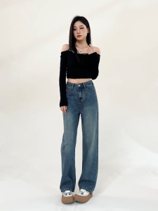 Celana jeans lebar longgar slim fit pinggang tinggi modis dan serbaguna