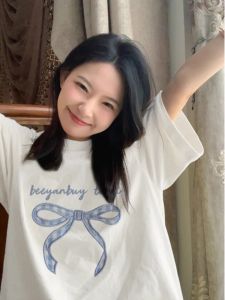 Korean Style Summer Short Sleeve T-Shirt Womens Loose Butterfly Knot Print Half Sleeve Top Comfortable Breathable Cotton Tee