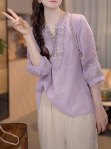 Shalldoer | เสื้อเชิ้ตแขนยาวคอวีป้องกันแสงแดดสไตล์ฝรั่งเศสสำหรับผู้หญิงในช่วงฤดูร้อน เสื้อเชิ้ตผู้หญิงทรงหลวมสบาย ๆ แขนยาวป้องกันแสงแดด