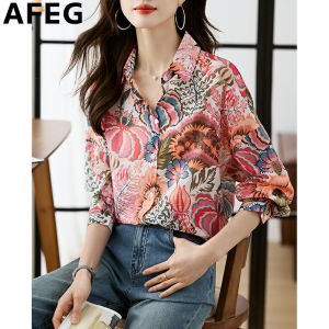 AFEG Korean shirt collar fashion casual loose plant print long sleeve blouse for women
