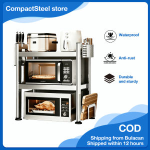 CompactSteel store Stainless Steel Microwave Oven Rack Adjustable Kitchen Countertop Shelf Multi Purpose Storage Organizer Heavy Duty Space Saving Kitchen Rack