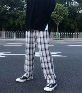 Gaya korea Mopping luar kotak-kotak untuk lelaki dan wanita baru pinggang tinggi lebar lebar