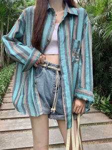 เสื้อเชิ้ตแขนยาวผู้หญิงสไตล์เกาหลี ทรงหลวม ลายทาง ปักลาย กระเป๋า ฤดูใบไม้ผลิและฤดูใบไม้ร่วง เสื้อคลุมกันหนาวแบบลำลอง