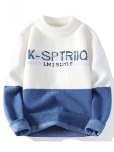 ROMON | Romon Mens Knitted Sweater Casual Loose Thickened Overhead Winter Fashion Warm Color Block Long Sleeve Round Neck Pullover