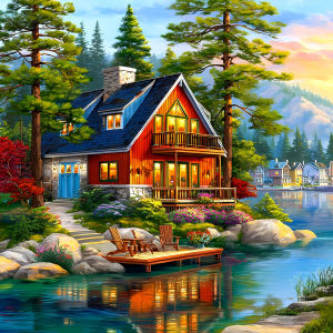 Bộ Tranh Kim Cương Tự Làm Huacan 5D Tranh Cabin Gỗ Đỏ Bên Hồ Kim Cương Tròn/vuông Đầy Đủ Tranh Khảm Trang Trí Tường Tranh Thêu Chữ Thập Bằng Nhựa.