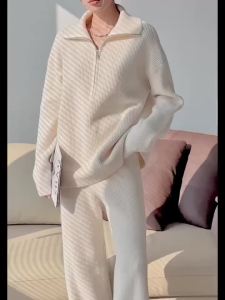 Spring Autumn Womens Knit Set Lapel Half-zipper Pullover Sweater High Waist Wide Leg Pants Women Two Piece Sets Womens Outifits