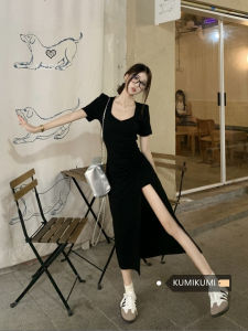 Stylish Black Square Collar Small Size Dress Womens Summer Elegant Slit Overknee High Waist Bodycon Dress Long Skirt