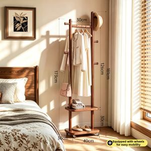 TINGXU | French Vintage Wooden Coat Rack with Storage Basket Mobile