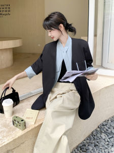 Fashionable Korean Style Color Block Womens Suit Jacket Casual Commute Long Sleeve Loose Fit Single Button Closure Coat