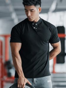 Summer Isn Breathable Quick-Drying Henry Collar Sports Short Sleeve Silm Muscle Workout Dog Lapel Polo Shirt Men T-shirt