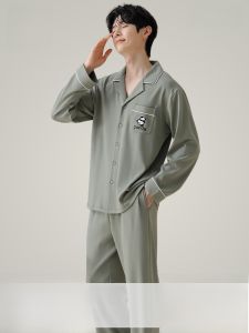 MiiOW | Spring Autumn Mens Sleepwear Long Sleeve Thin Cardigan Set Casual Cotton Home Clothes Lightweight Breathable Pure Cotton Mens Pajamas